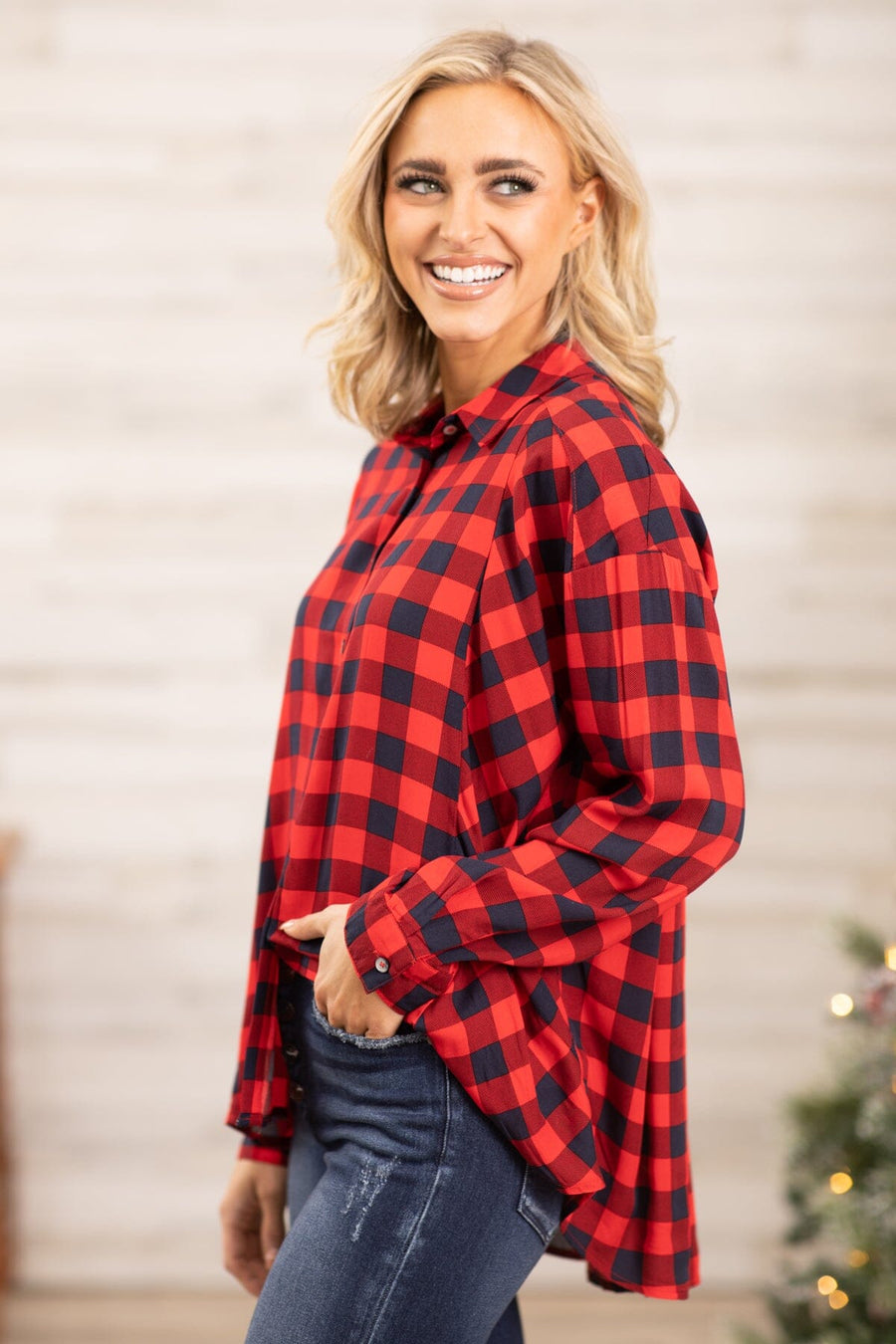Red Buffalo Plaid Hi Lo Button Up Top - Filly Flair
