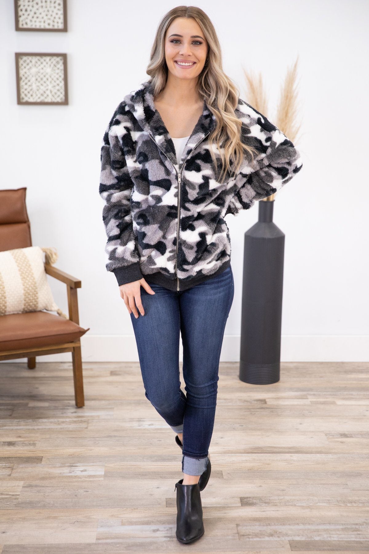 Grey Camouflage Sherpa Full Zip Hooded Jacket - Filly Flair