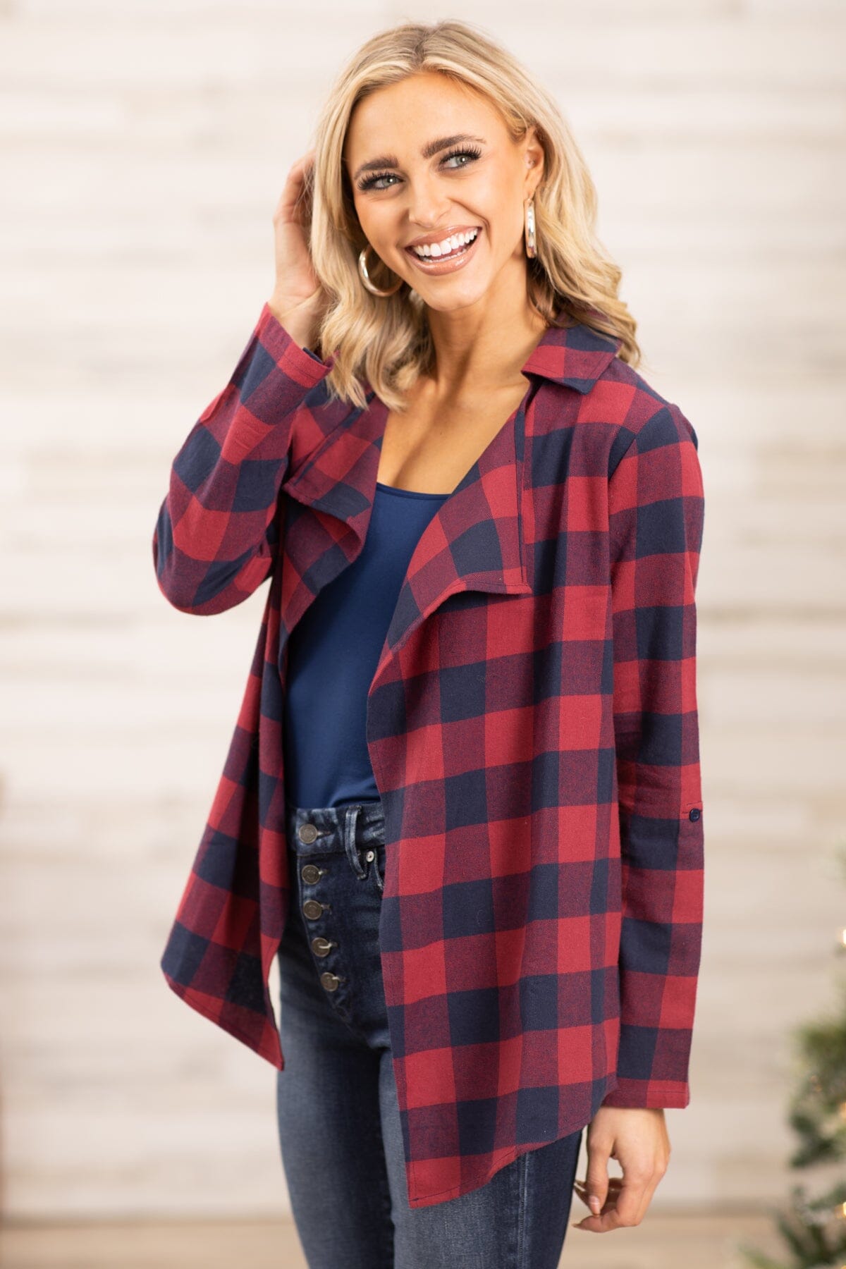Cranberry and Navy Plaid Roll Sleeve Cardigan - Filly Flair