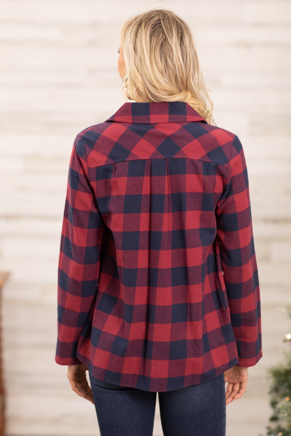 Cranberry and Navy Plaid Roll Sleeve Cardigan - Filly Flair