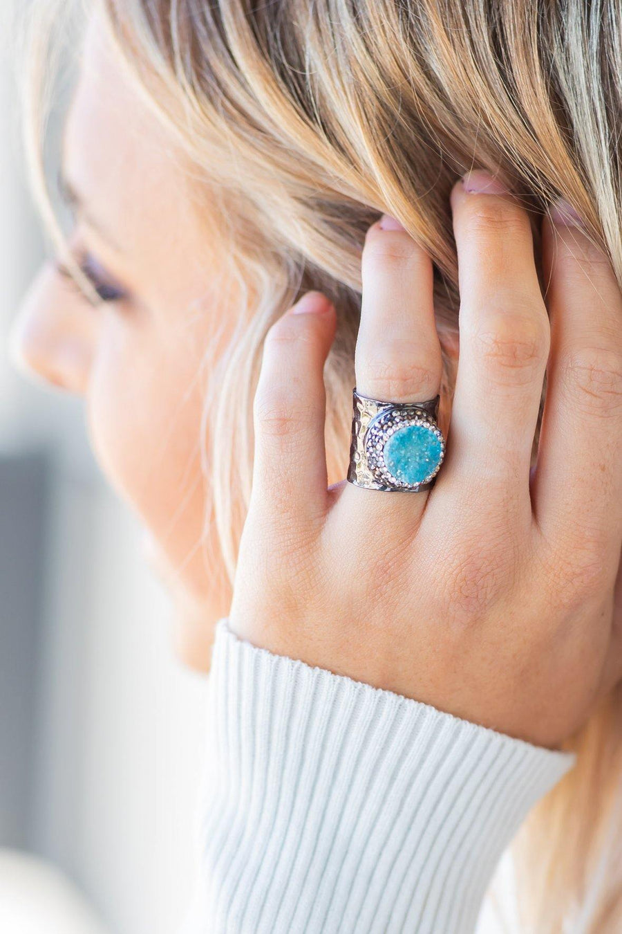 Gun Metal Sterling Silver Turquoise Druzy CZ Cigar Rings - Filly Flair