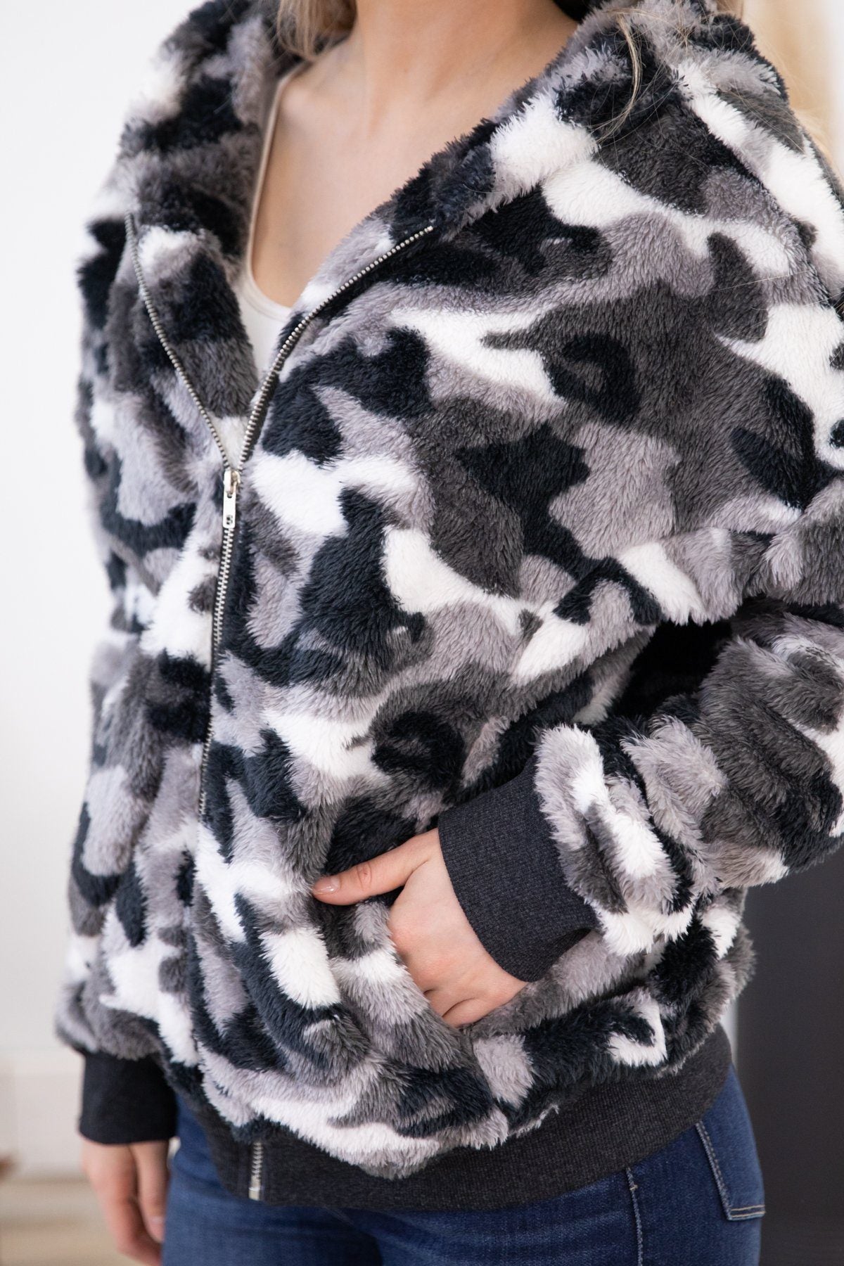 Grey Camouflage Sherpa Full Zip Hooded Jacket - Filly Flair