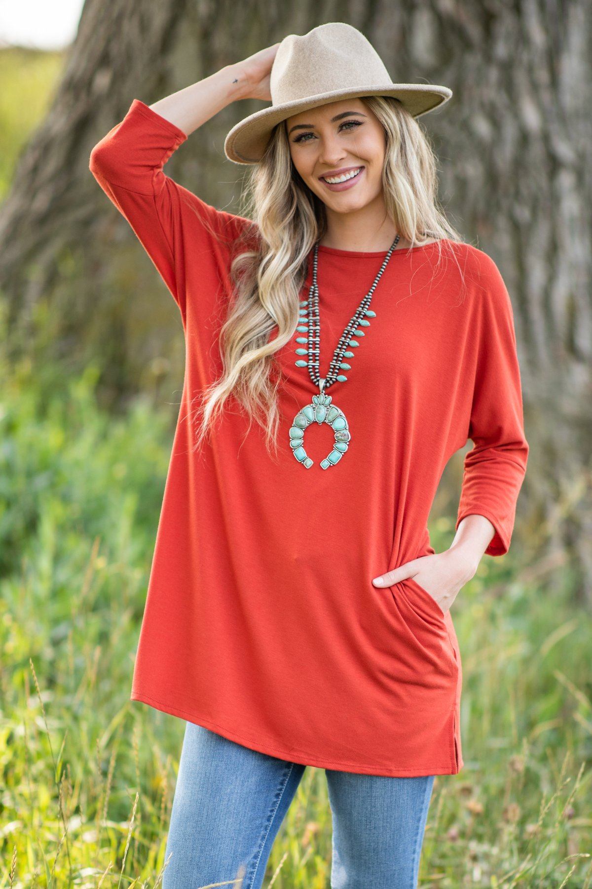 Rust Dolman Sleeve Tunic with Pockets - Filly Flair