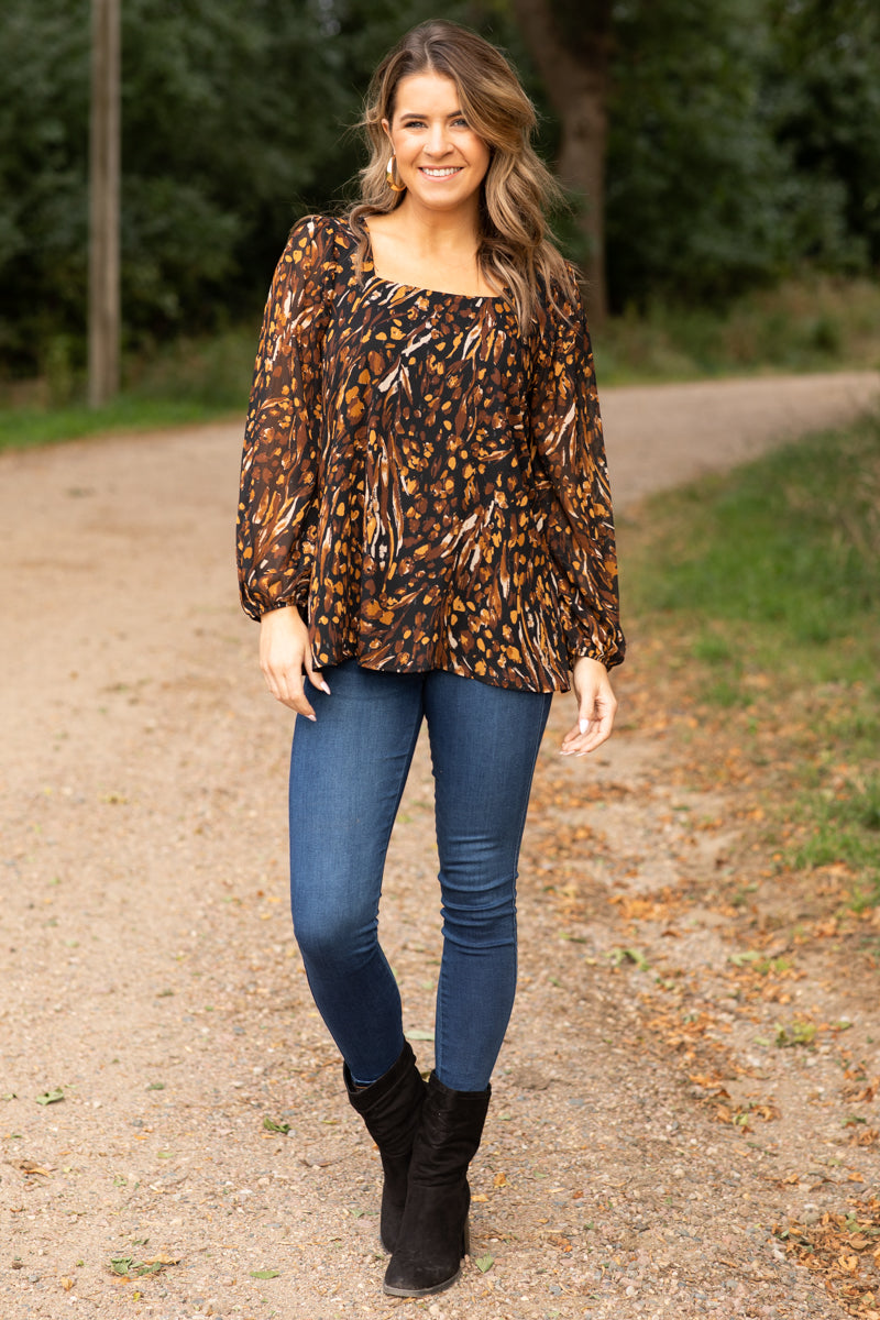 Black and Tan Abstract Print Square Neck Top - Filly Flair