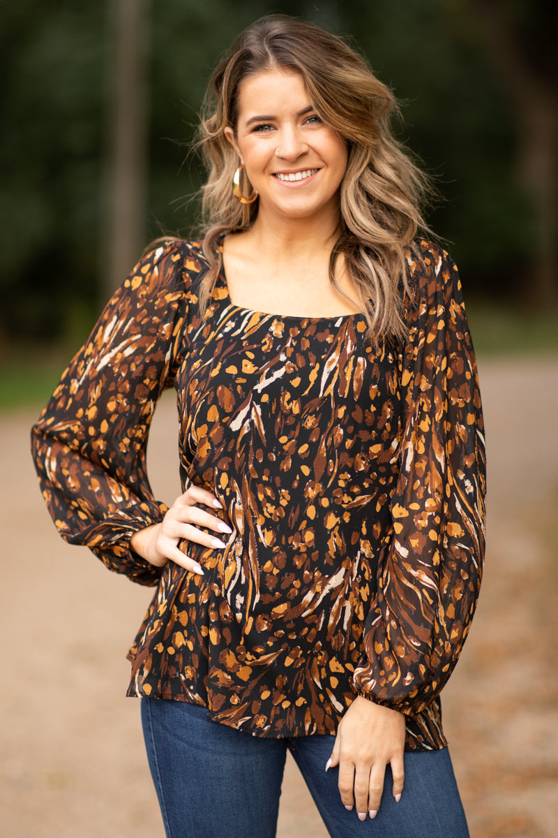Black and Tan Abstract Print Square Neck Top - Filly Flair