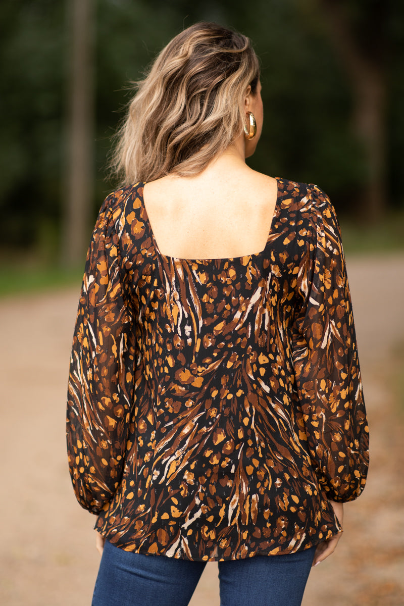 Black and Tan Abstract Print Square Neck Top - Filly Flair
