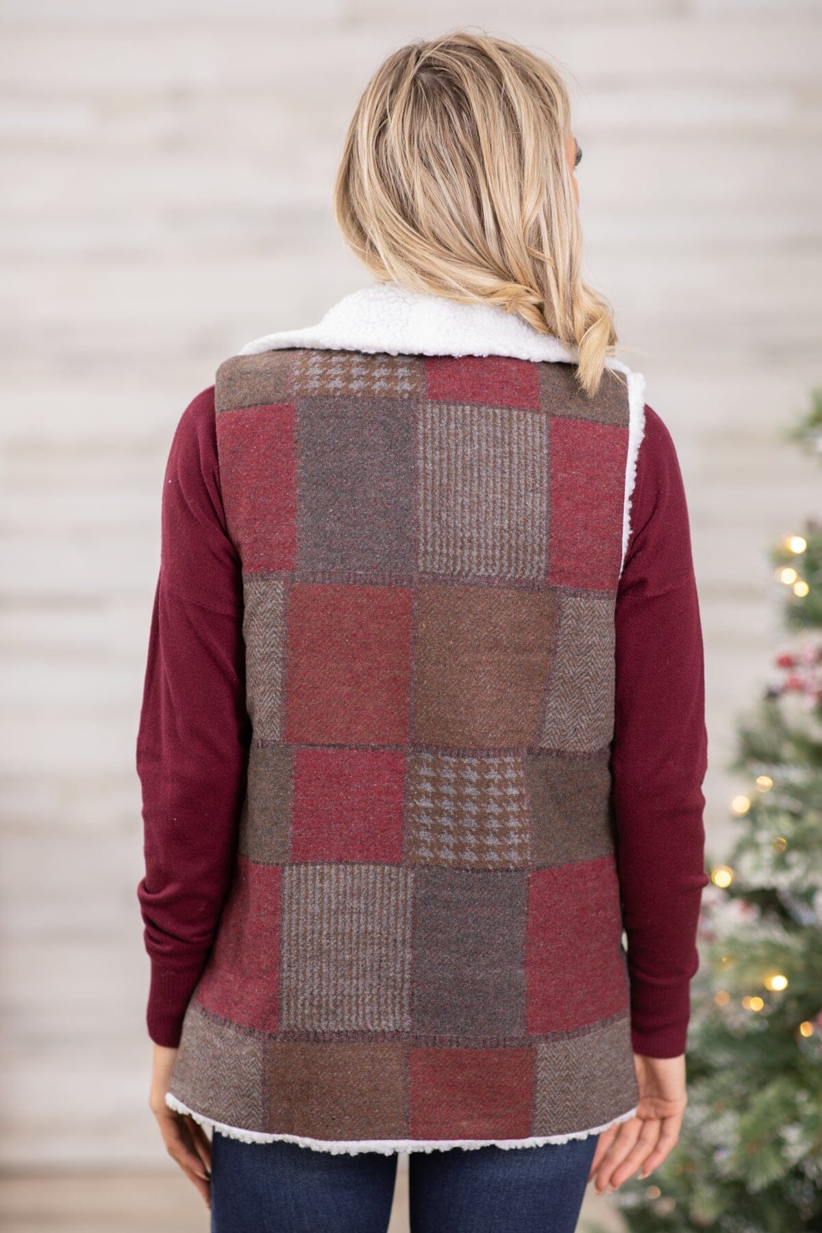 Burgundy and Brown Plaid Sherpa Vest - Filly Flair