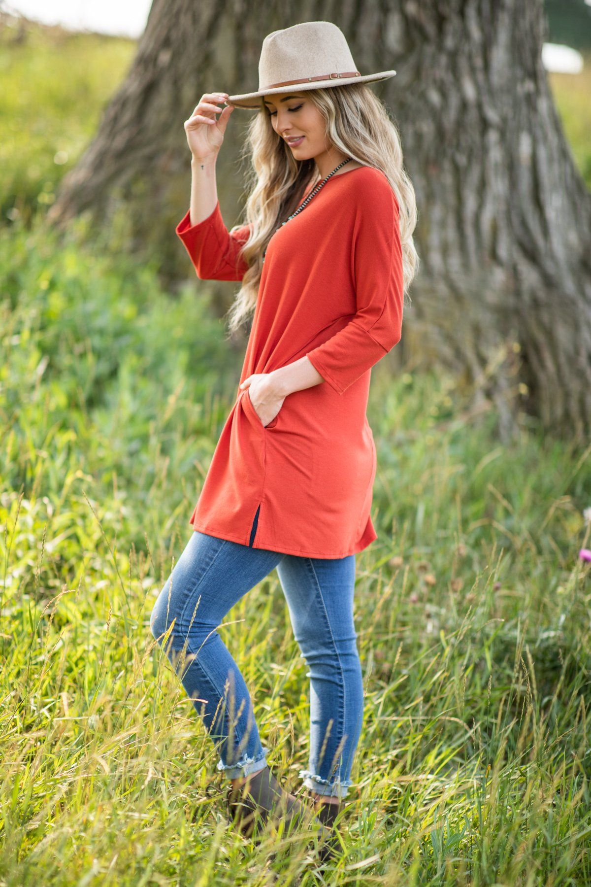 Rust Dolman Sleeve Tunic with Pockets - Filly Flair