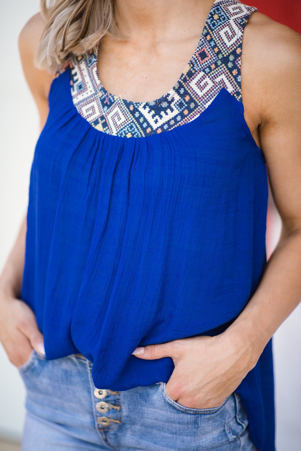 Royal Blue Aztec Trim Lace Up Back Tank - Filly Flair