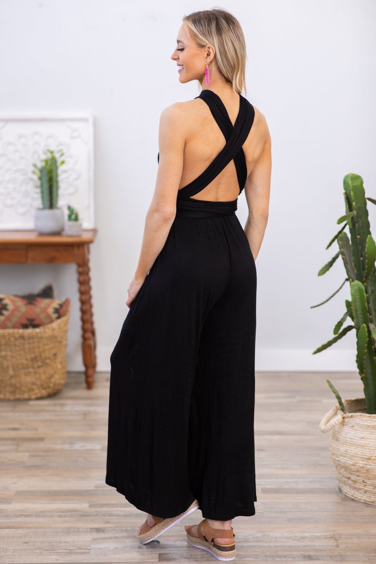 Black Convertible Strap Wide Leg Jumpsuit - Filly Flair