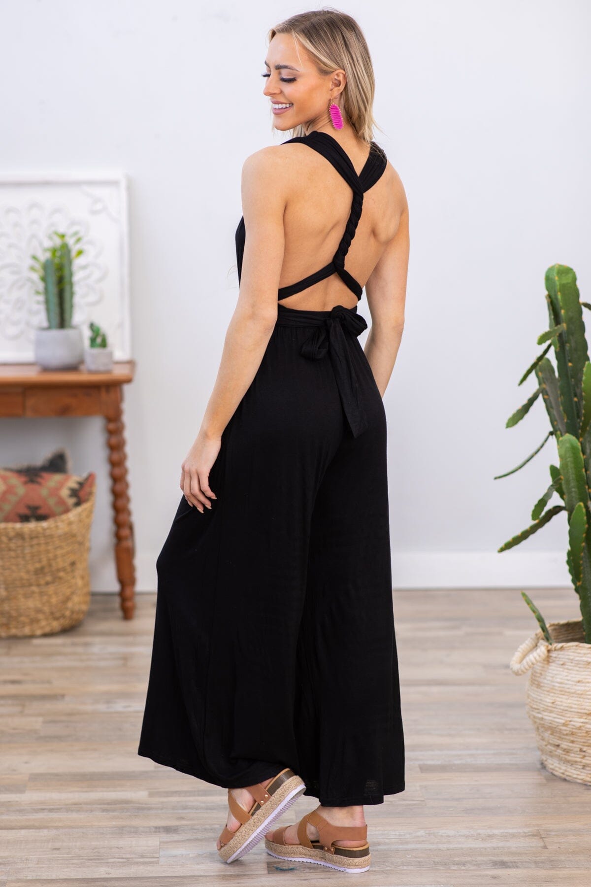 Black Convertible Strap Wide Leg Jumpsuit - Filly Flair