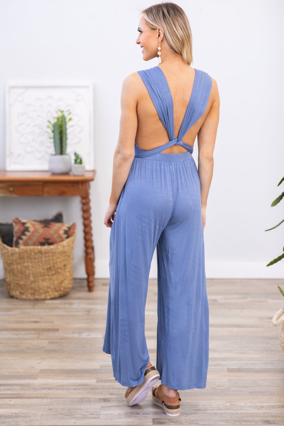 Dusty Blue Convertible Strap Wide Leg Jumpsuit - Filly Flair