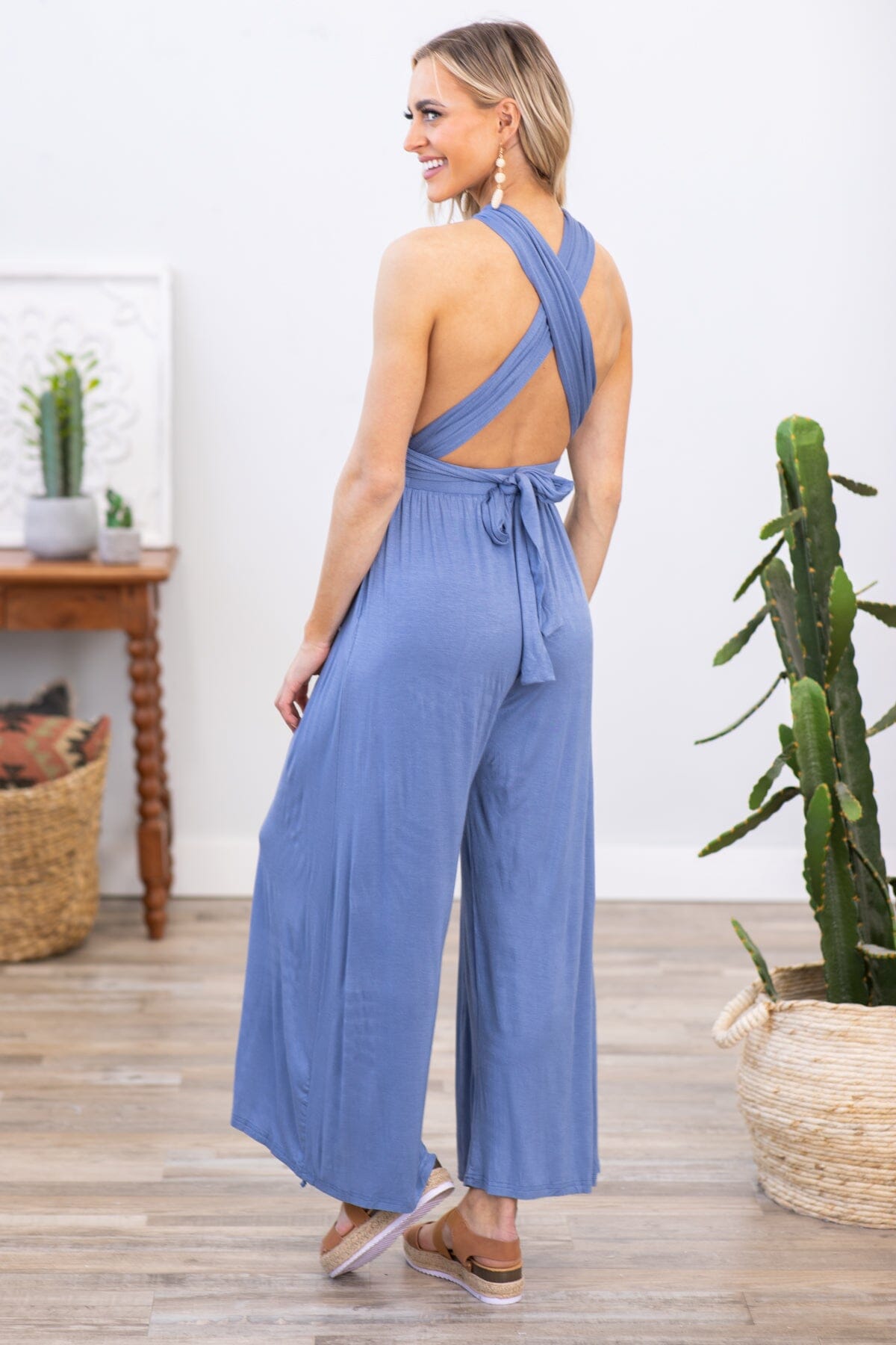 Dusty Blue Convertible Strap Wide Leg Jumpsuit - Filly Flair