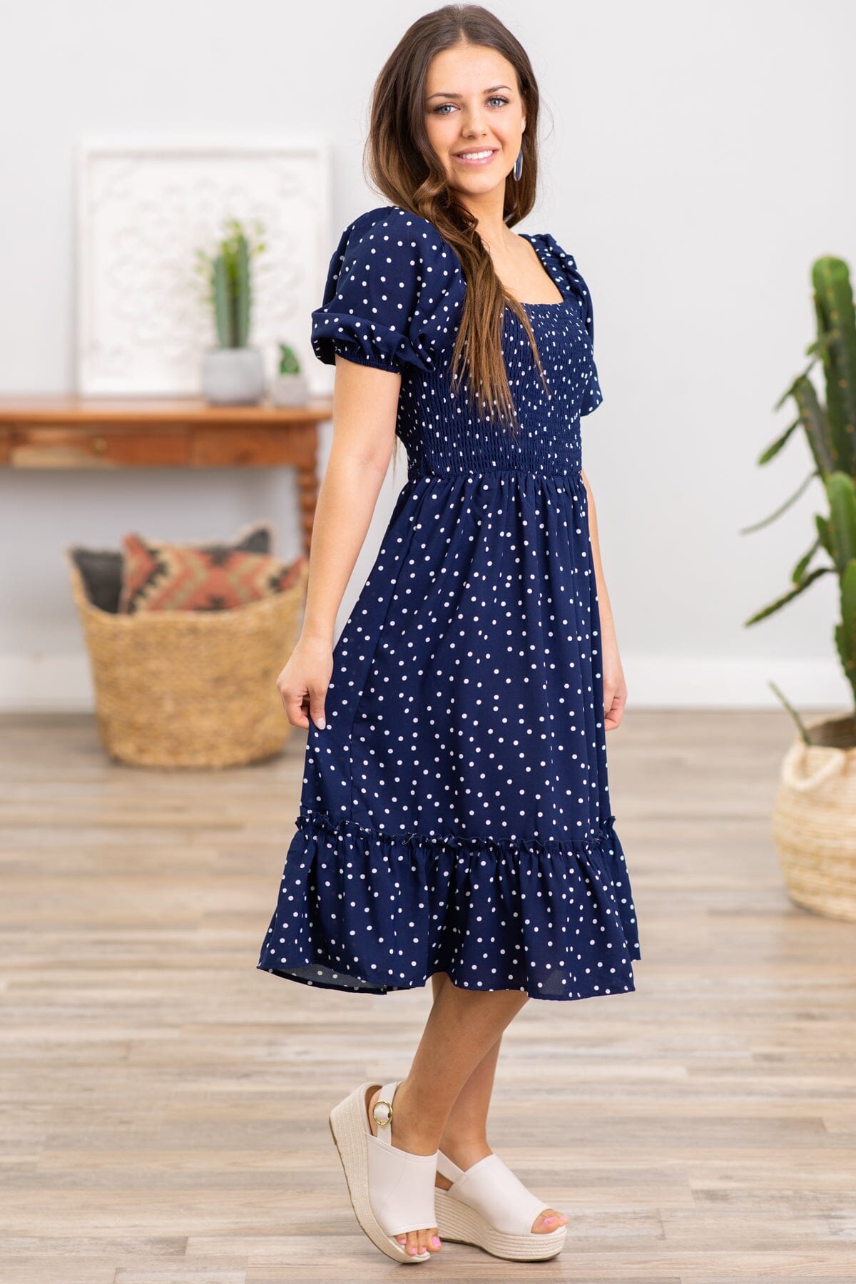 Navy and White Smocked Bodice Polka Dot Dress · Filly Flair
