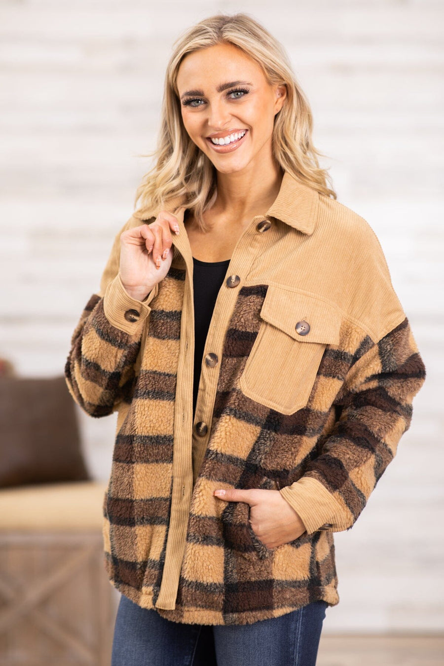 Tan Multicolor Plaid and Corduroy Shacket - Filly Flair