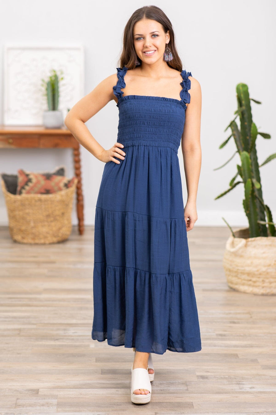 Navy Smocked Bodice Tiered Skirt Maxi Dress - Filly Flair
