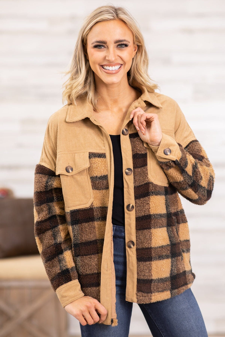 Tan Multicolor Plaid and Corduroy Shacket - Filly Flair
