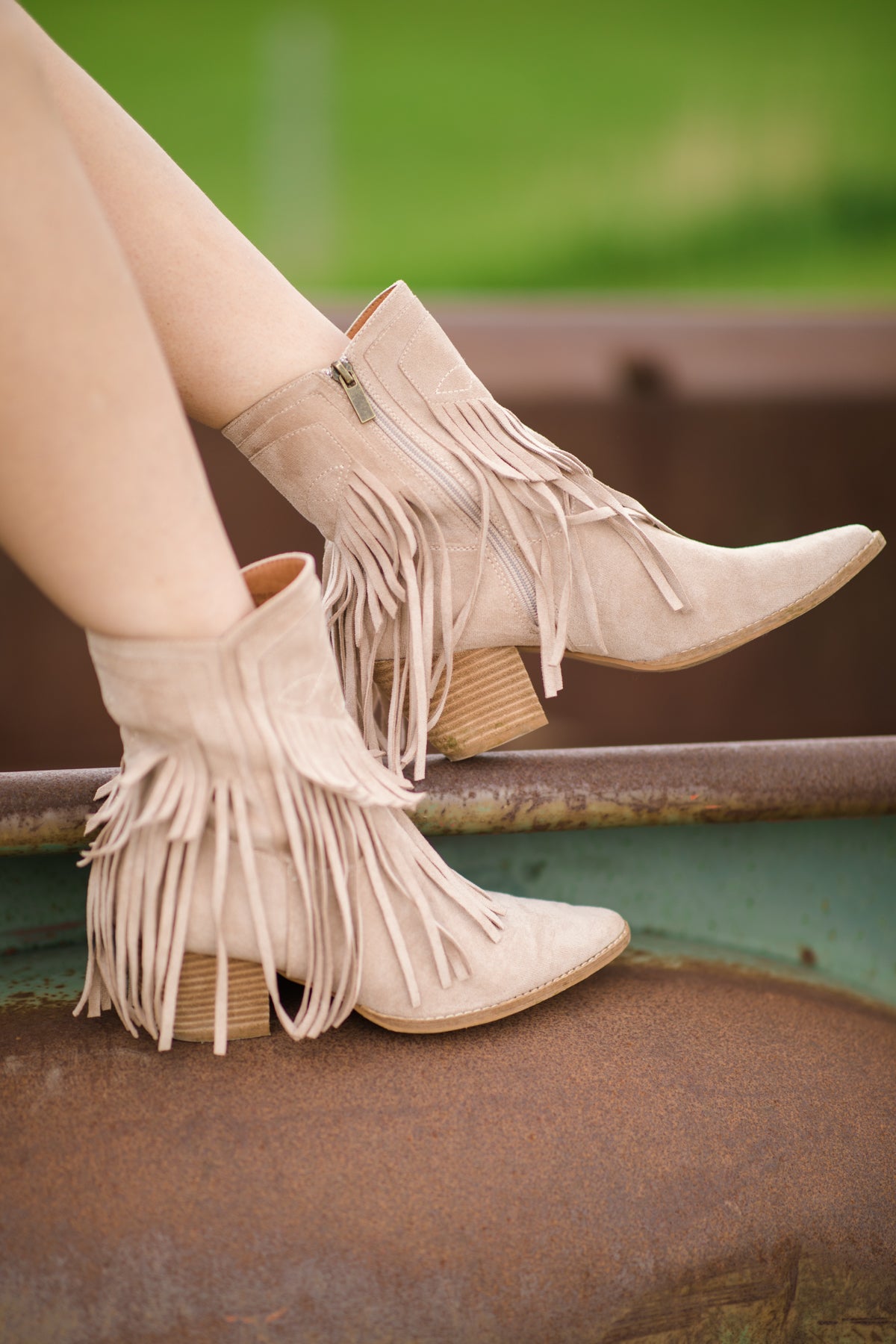 Oatmeal Fringe Pointed Toe Booties - Filly Flair