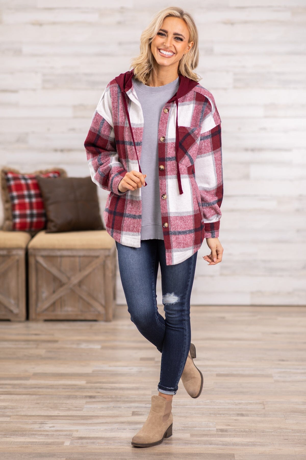 Cranberry and White Hooded Plaid Shacket - Filly Flair