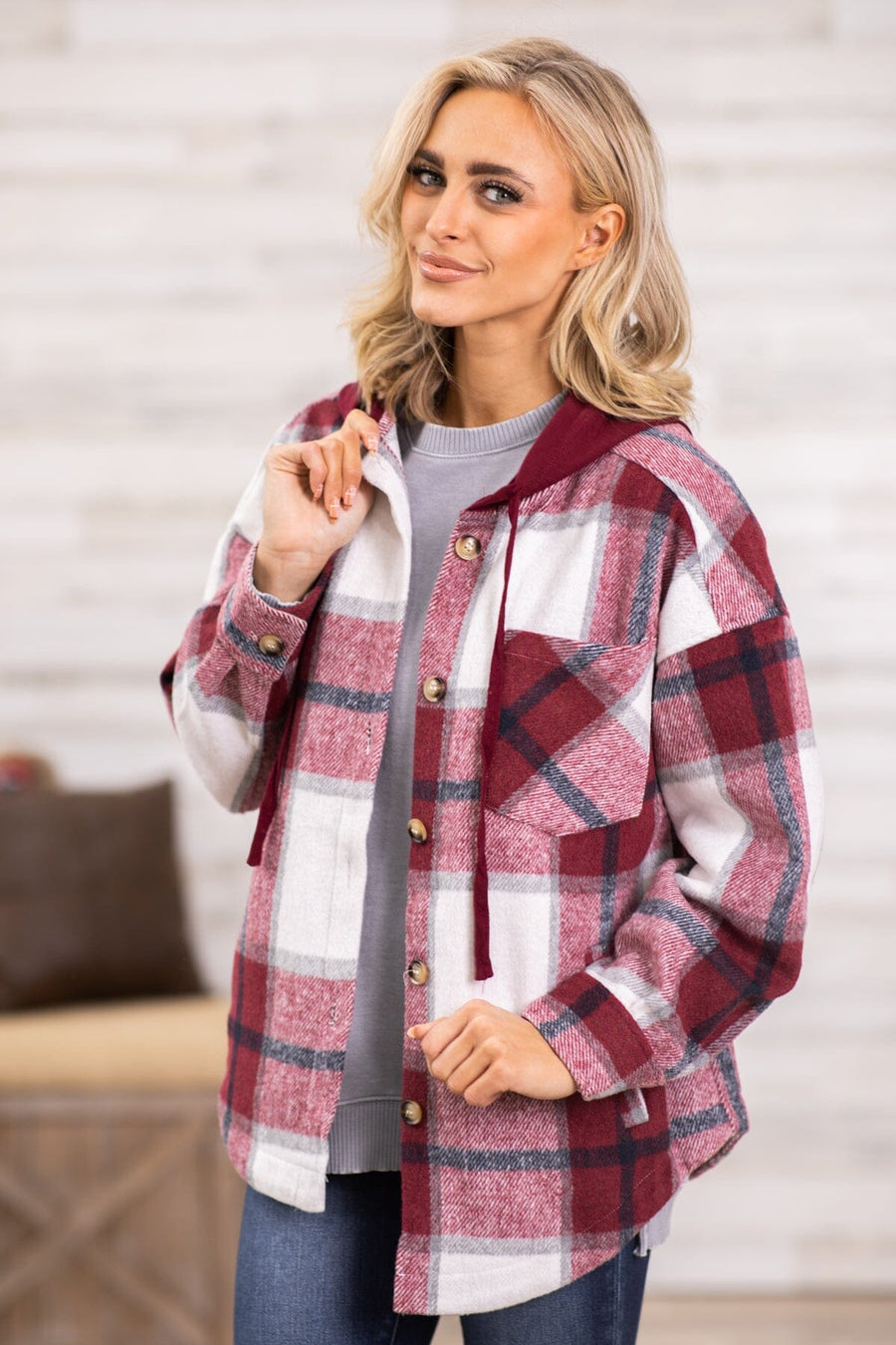 Cranberry and White Hooded Plaid Shacket - Filly Flair