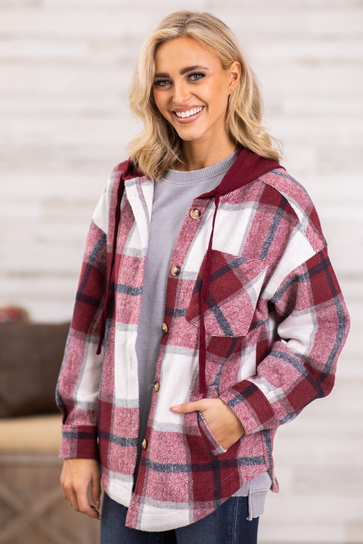 Cranberry and White Hooded Plaid Shacket - Filly Flair