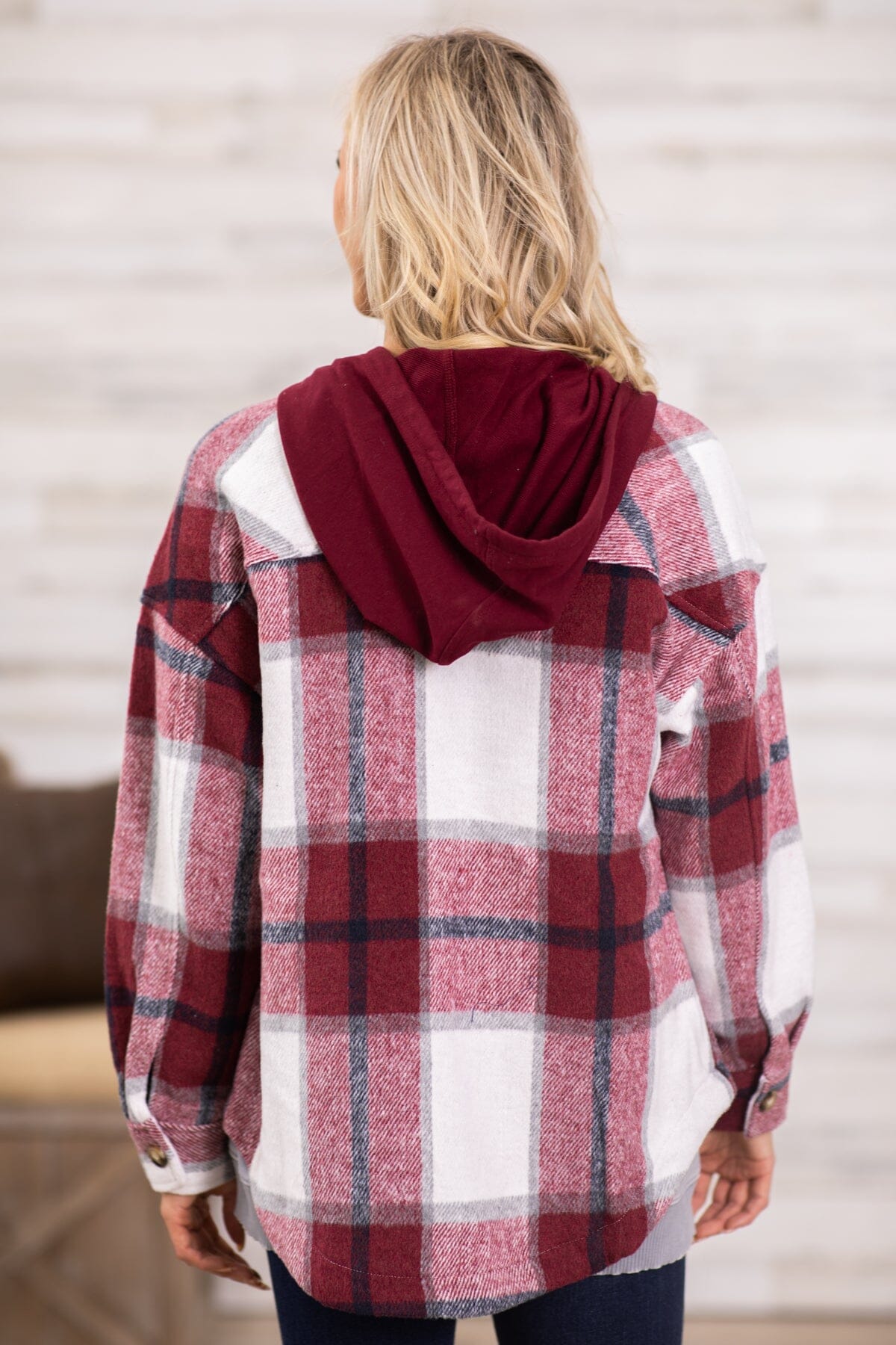Cranberry and White Hooded Plaid Shacket - Filly Flair