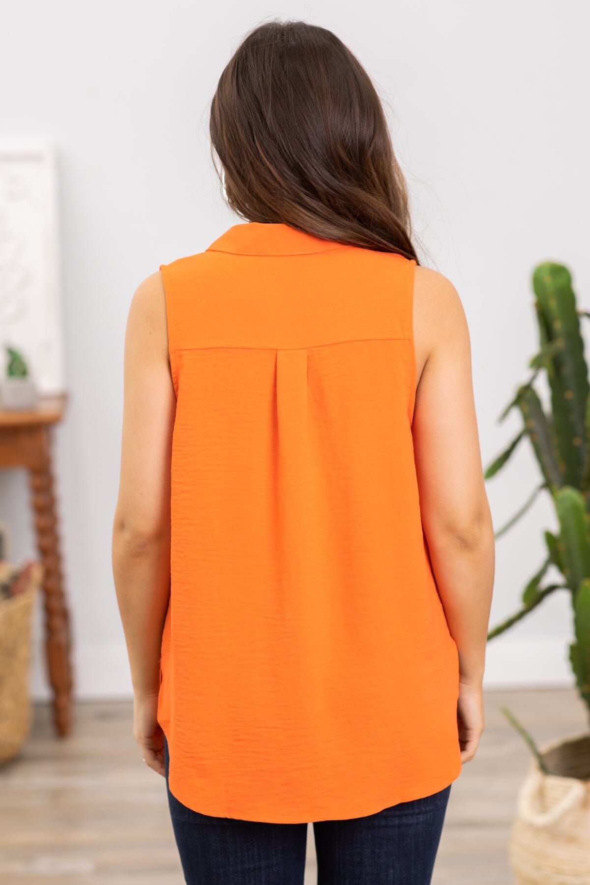 Orange Collared Sleeveless Top With Pocket - Filly Flair