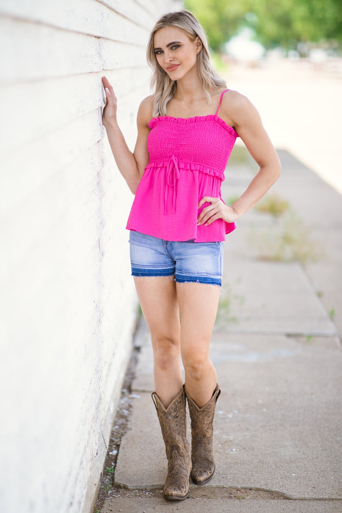 Hot Pink Smocked Bodice Tie Front Tank - Filly Flair