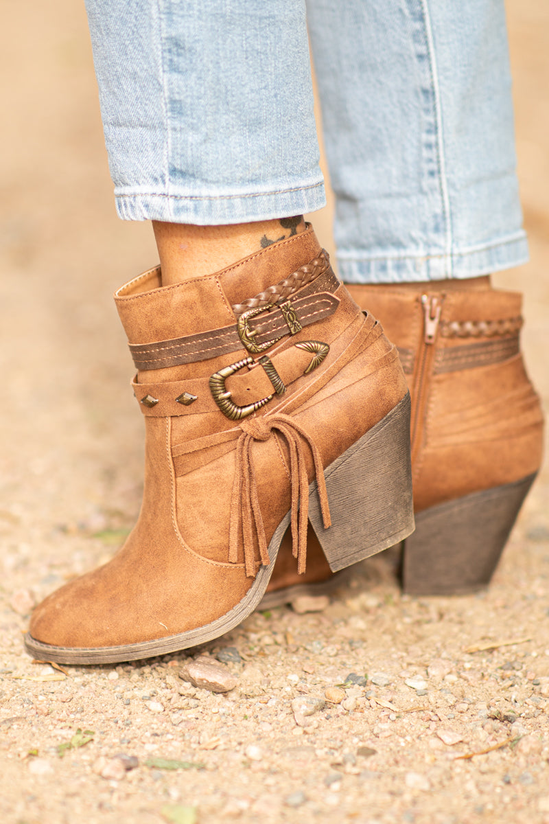 Cognac Bootie With Buckle and Fringe Detail - Filly Flair