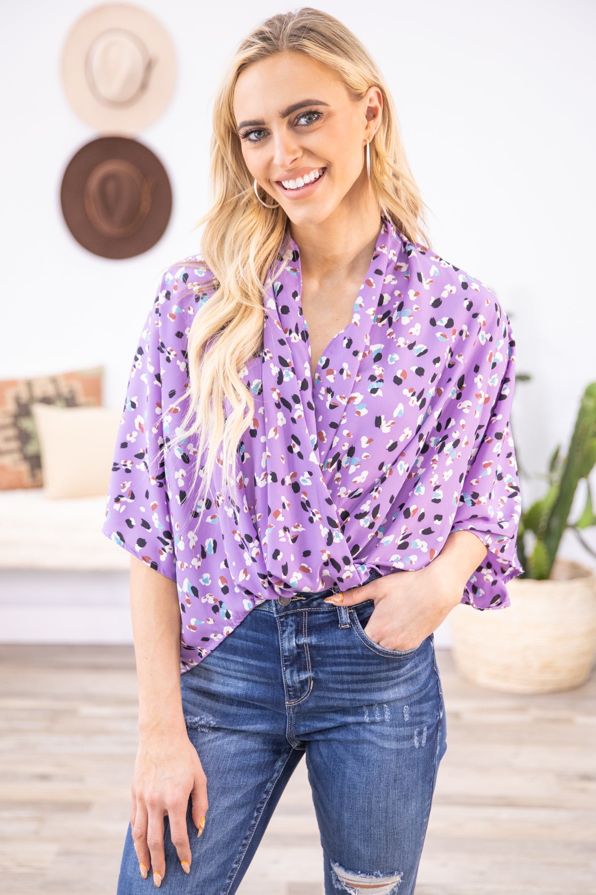 Lavender Animal Print Drape Front Top - Filly Flair