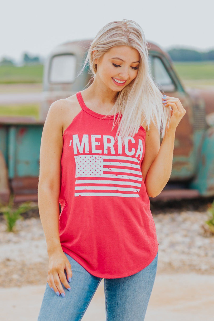 "'Merica" Flag Graphic Tank Heather Red - Filly Flair