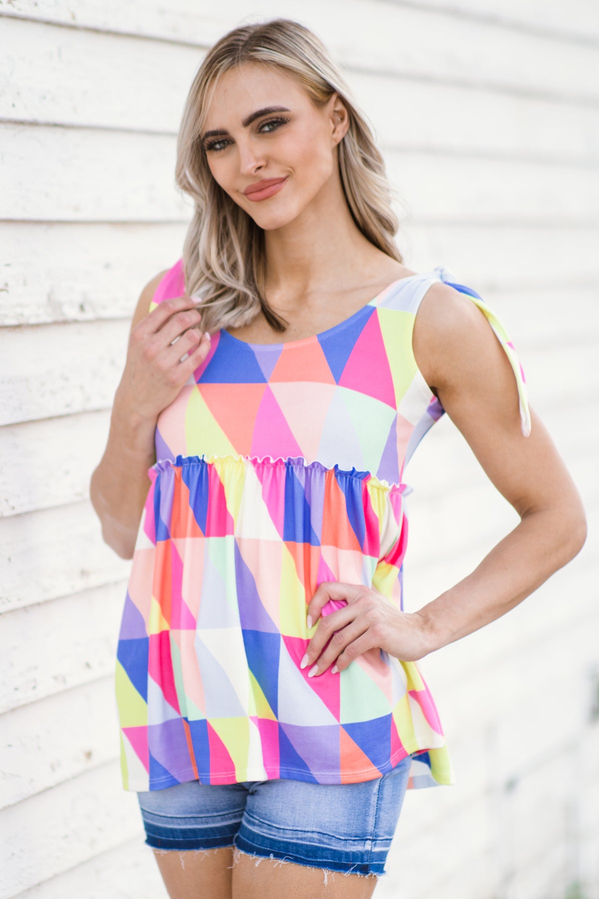 Coral Multicolor Geometric Print Babydoll Tank - Filly Flair