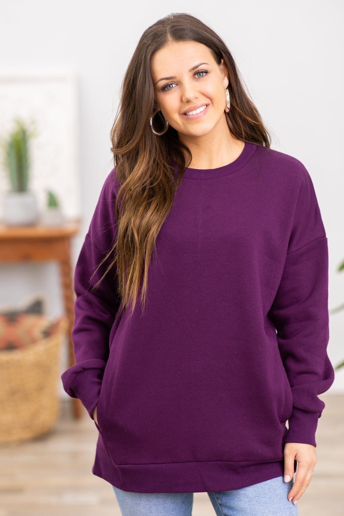 Eggplant Crew Neck Sweatshirt With Pockets - Filly Flair