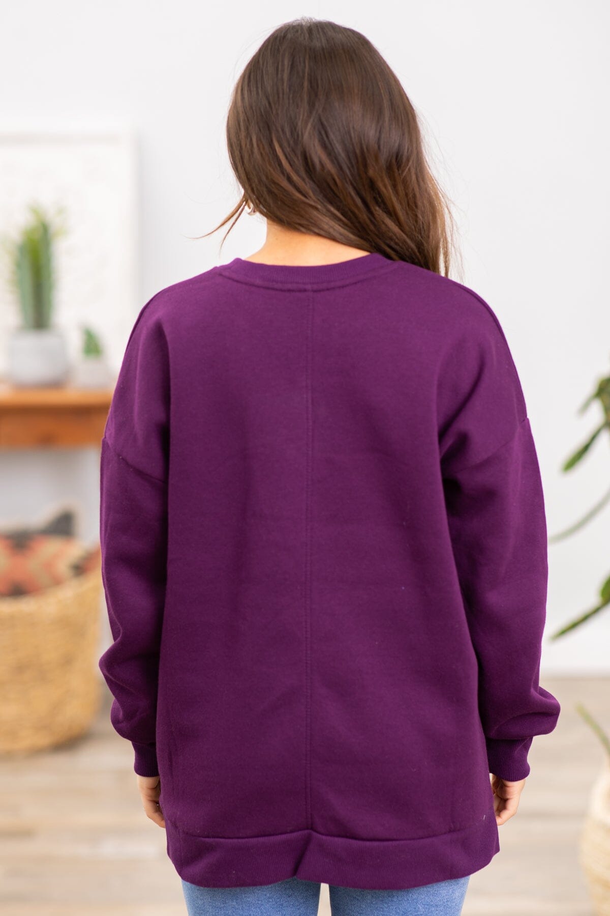 Eggplant Crew Neck Sweatshirt With Pockets - Filly Flair