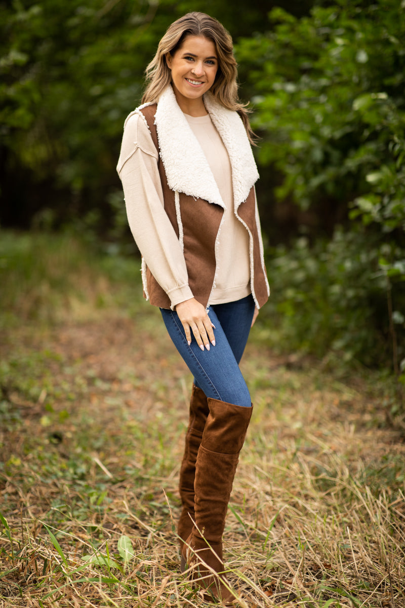 Brown Faux Suede Sherpa Lined Vest - Filly Flair
