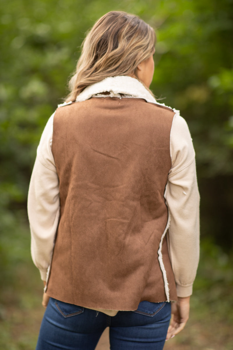 Brown Faux Suede Sherpa Lined Vest - Filly Flair