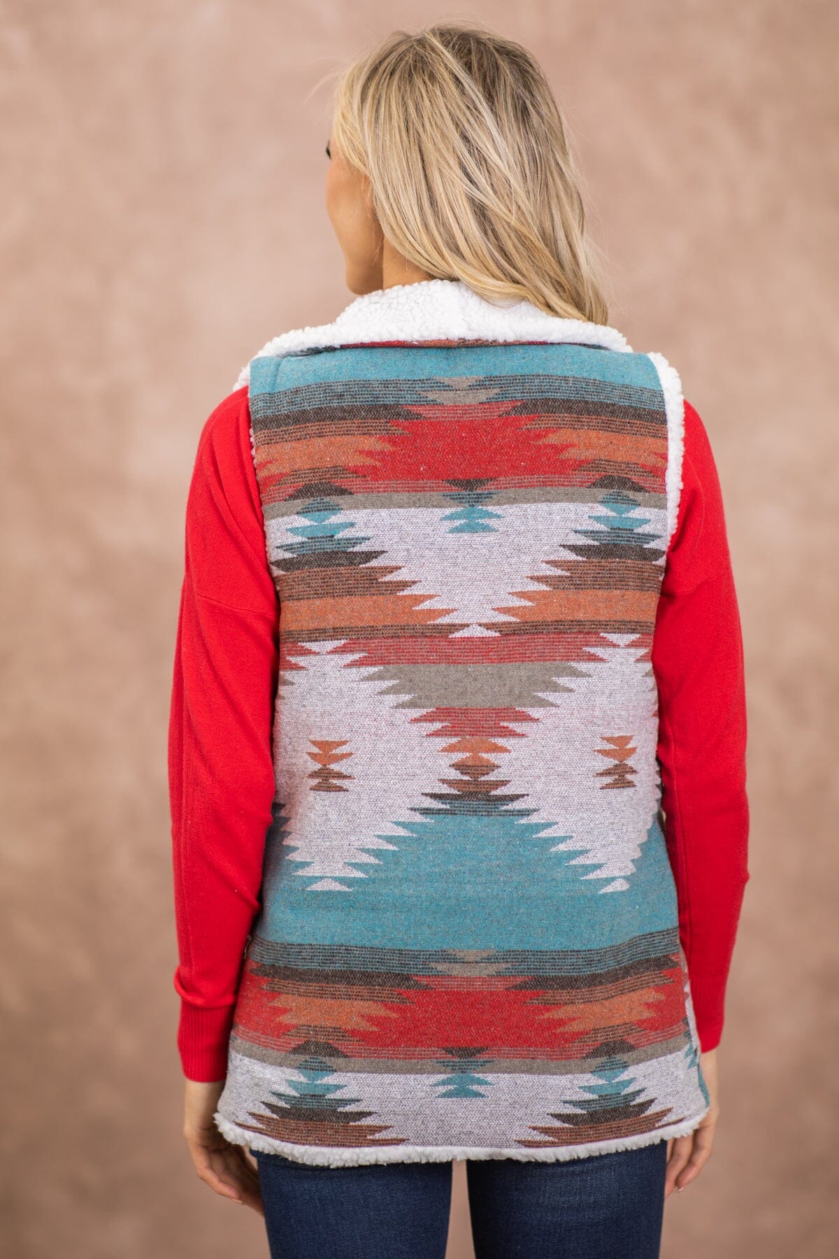 Turquoise Multicolor Aztec Sherpa Vest - Filly Flair