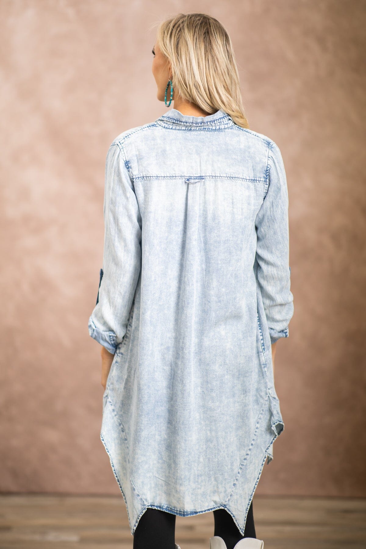 Light Wash Bleached Button Down Mid Length Top - Filly Flair