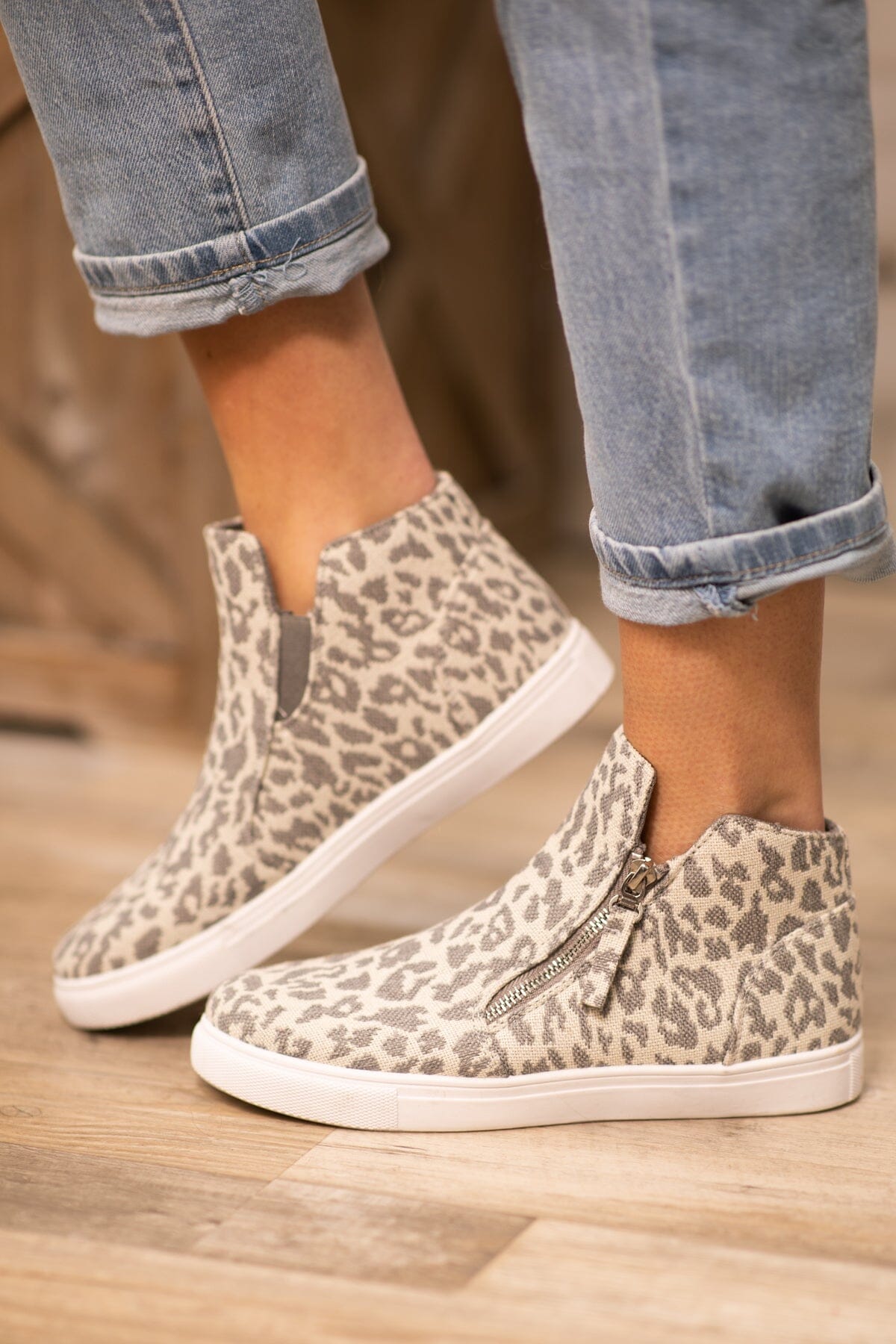 Grey Animal Print Side Zip Sneaker Wedge - Filly Flair
