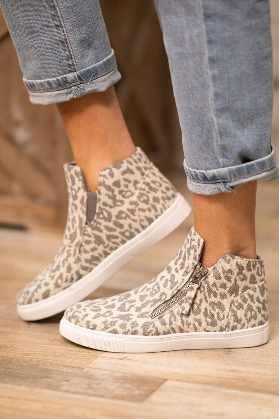 Grey Animal Print Side Zip Sneaker Wedge - Filly Flair