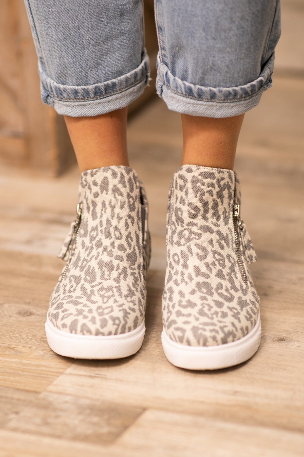 Grey Animal Print Side Zip Sneaker Wedge - Filly Flair