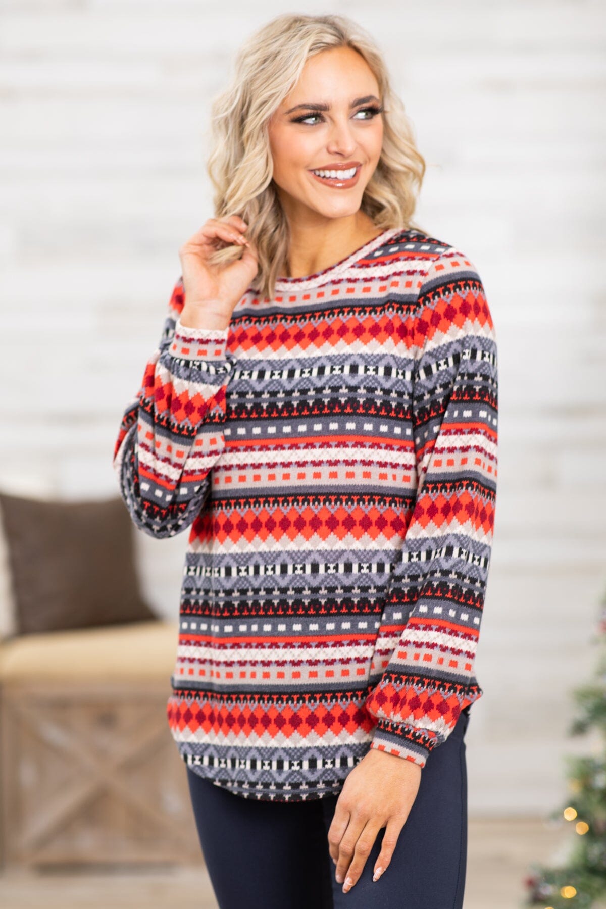 Red and Grey Aztec Stripe Top - Filly Flair