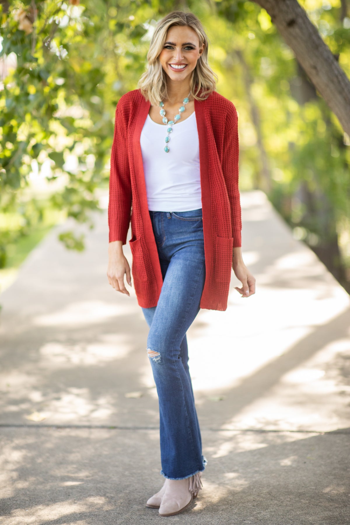 Rust Waffle Knit Ribbed Trim Cardigan - Filly Flair