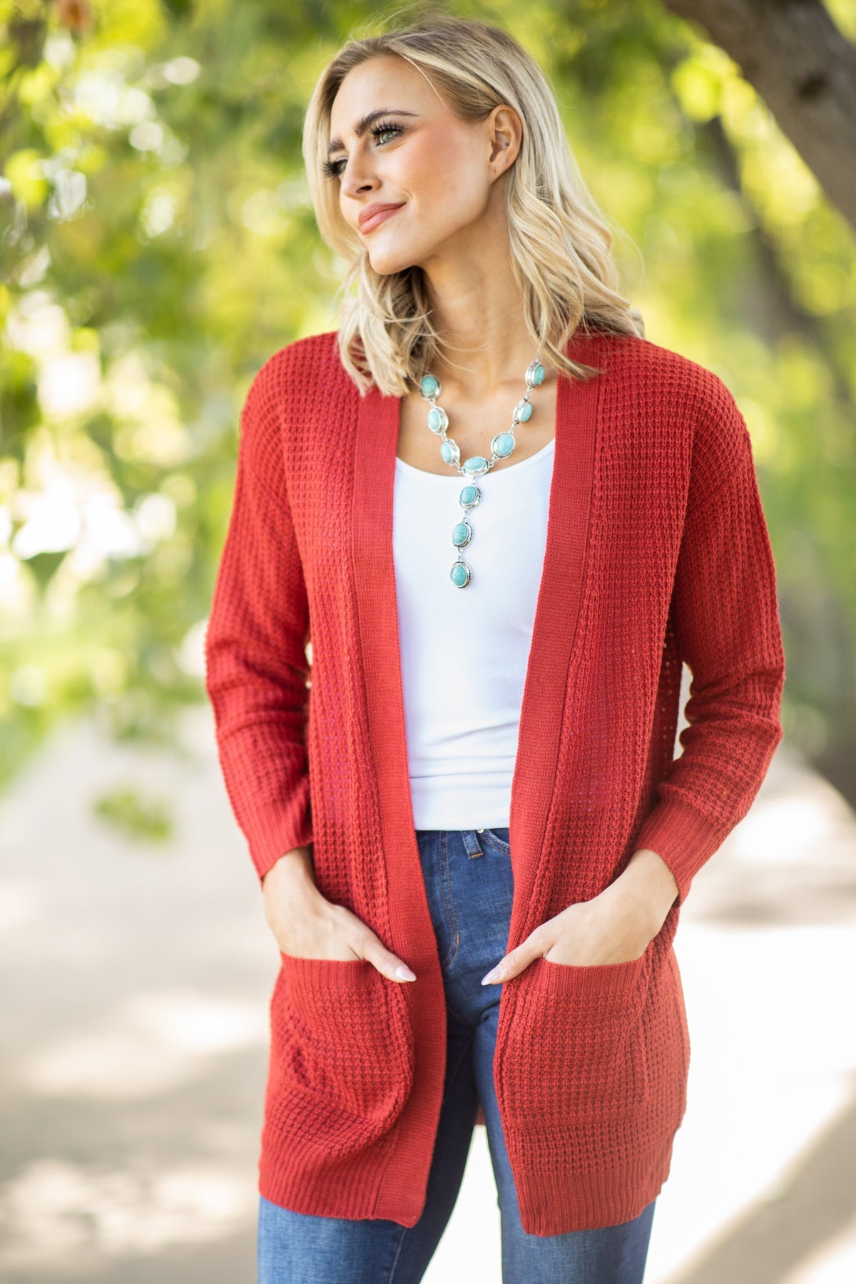 Rust Waffle Knit Ribbed Trim Cardigan - Filly Flair