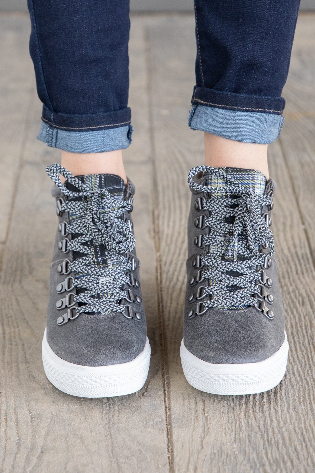 Grey Lace Up Sneaker Wedge with Plaid Tongue - Filly Flair