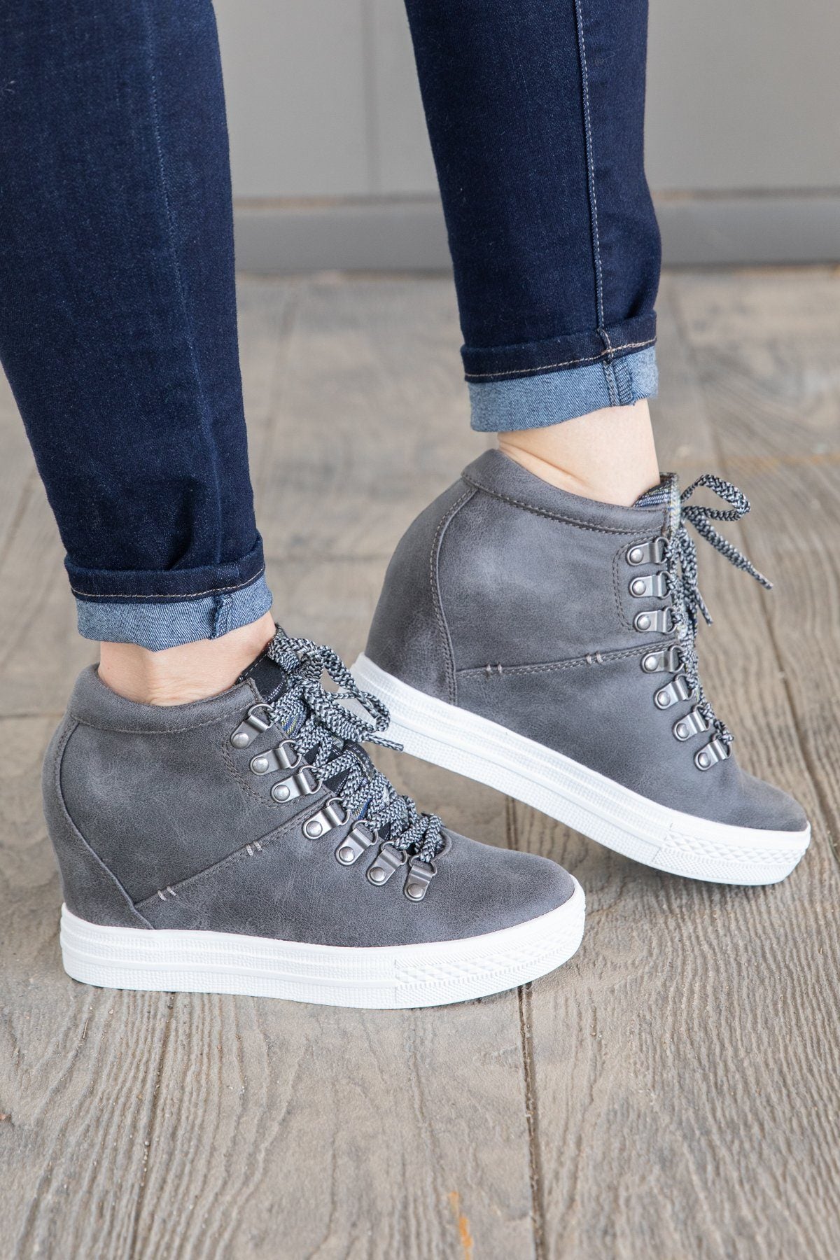 Grey Lace Up Sneaker Wedge with Plaid Tongue - Filly Flair