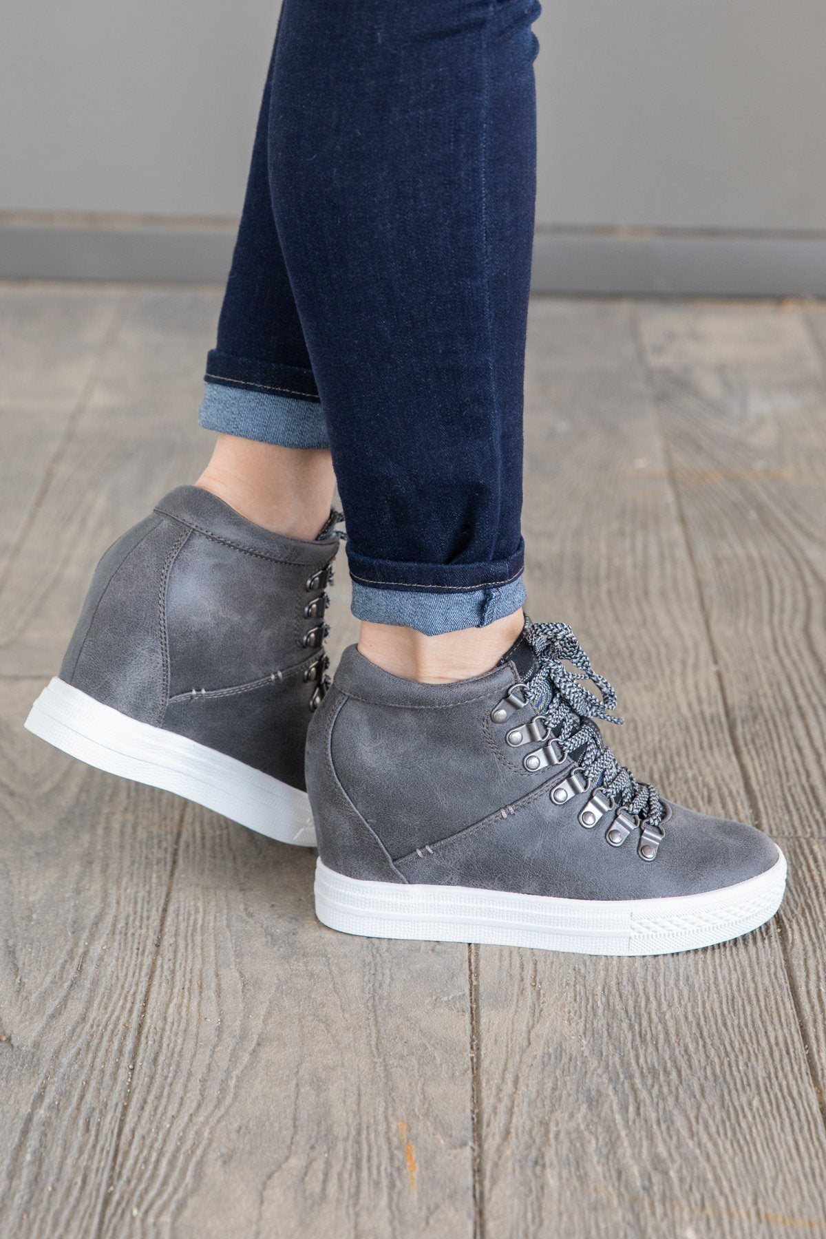 Grey Lace Up Sneaker Wedge with Plaid Tongue - Filly Flair