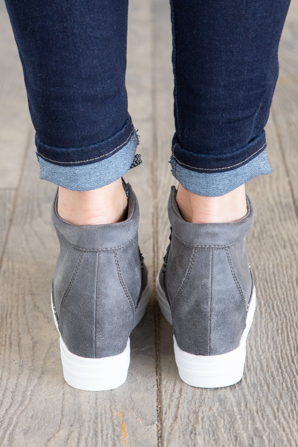 Grey Lace Up Sneaker Wedge with Plaid Tongue - Filly Flair