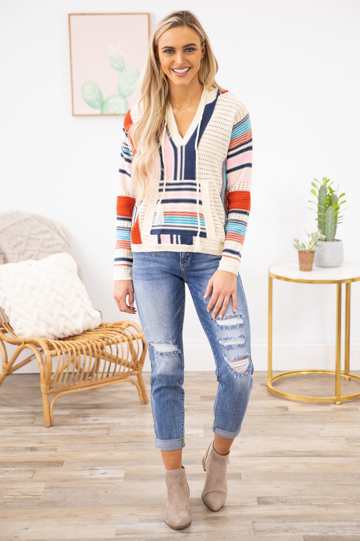 Cream Multicolor Stripe Hooded Top with Pocket - Filly Flair