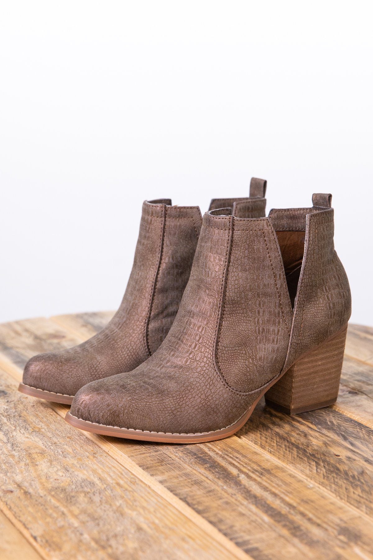 Bronze Snakeskin Texture Booties - Filly Flair